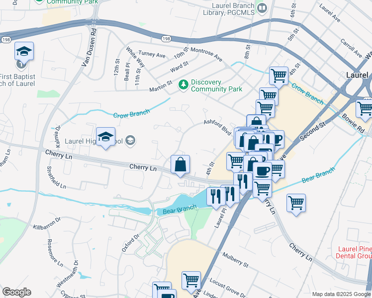 map of restaurants, bars, coffee shops, grocery stores, and more near 14922 Ashford Place in Laurel