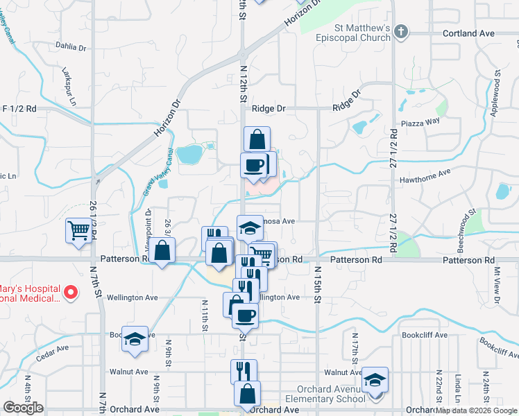 map of restaurants, bars, coffee shops, grocery stores, and more near 1210 Bonito Avenue in Grand Junction