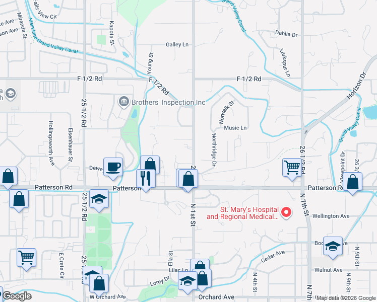 map of restaurants, bars, coffee shops, grocery stores, and more near 613 26 Road in Grand Junction