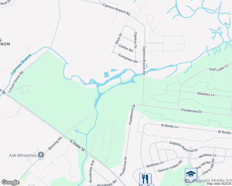 map of restaurants, bars, coffee shops, grocery stores, and more near Ponderosa Drive in Magnolia