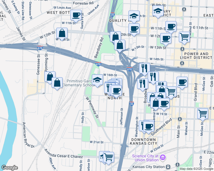 map of restaurants, bars, coffee shops, grocery stores, and more near 1628 Madison Avenue in Kansas City