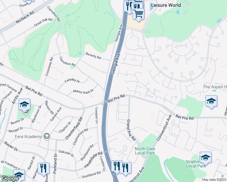 map of restaurants, bars, coffee shops, grocery stores, and more near 4001 Bel Pre Road in Silver Spring