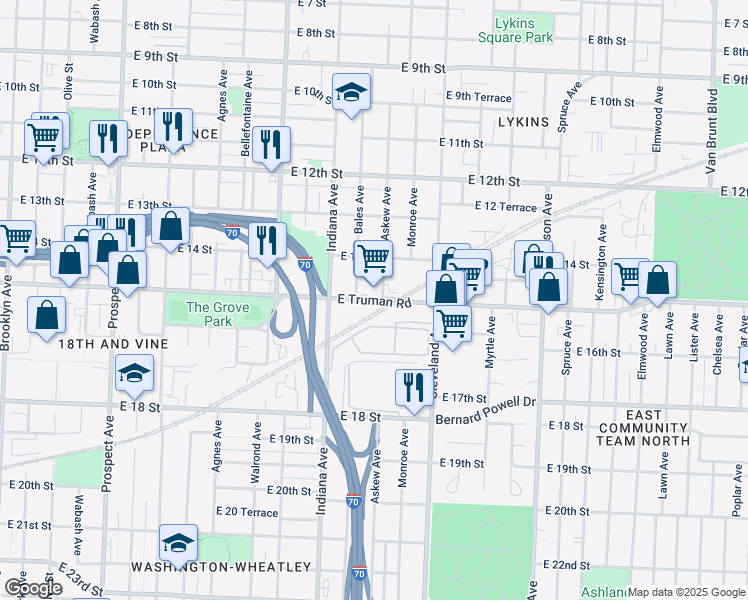 map of restaurants, bars, coffee shops, grocery stores, and more near 3550 E Truman Rd in Kansas City