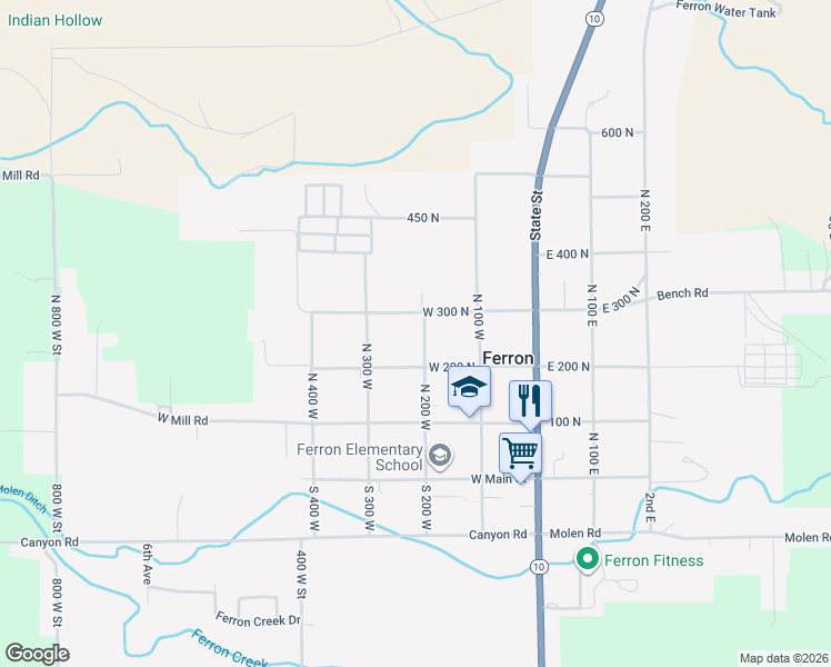 map of restaurants, bars, coffee shops, grocery stores, and more near 255 North 200 West in Ferron