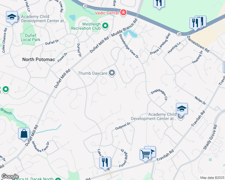 map of restaurants, bars, coffee shops, grocery stores, and more near 14700 Soft Wind Drive in North Potomac
