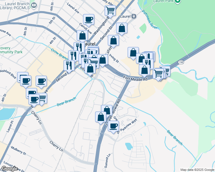 map of restaurants, bars, coffee shops, grocery stores, and more near 12 Morris Drive in Laurel