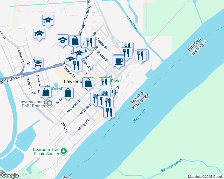 map of restaurants, bars, coffee shops, grocery stores, and more near 118 Elm Street in Lawrenceburg