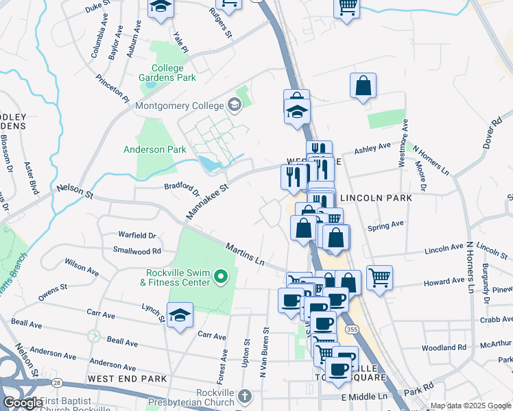 map of restaurants, bars, coffee shops, grocery stores, and more near 806 Ivy League Lane in Rockville