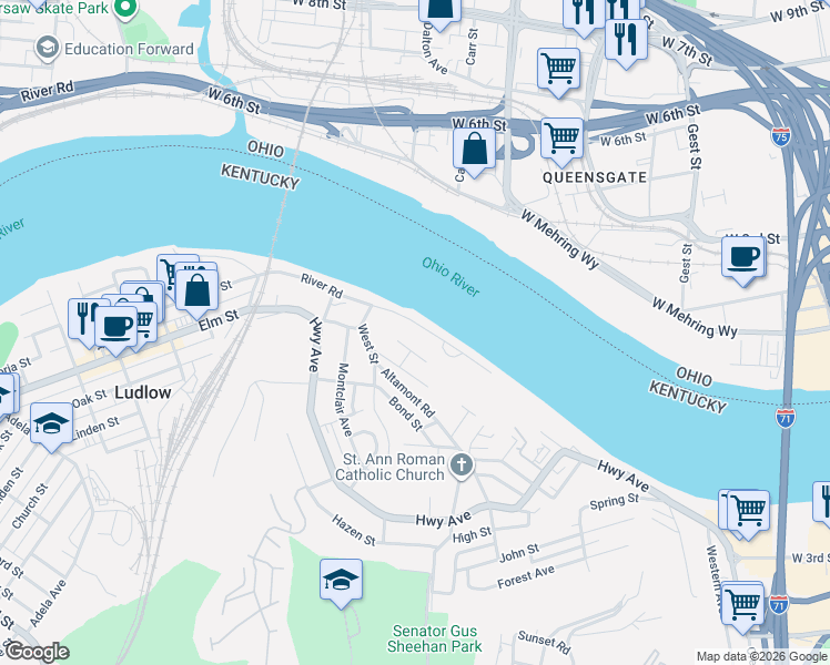 map of restaurants, bars, coffee shops, grocery stores, and more near 103 River Road in Ludlow