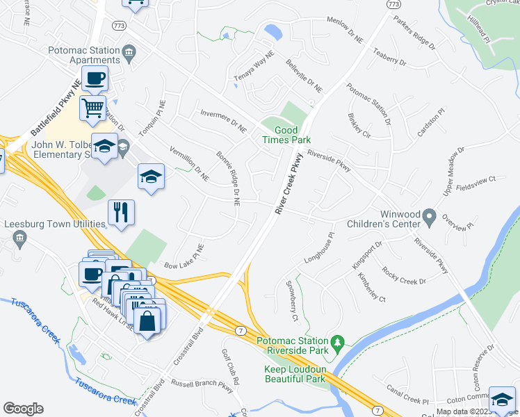 map of restaurants, bars, coffee shops, grocery stores, and more near 802 Larch Valley Court Northeast in Leesburg