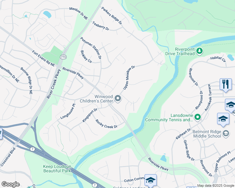 map of restaurants, bars, coffee shops, grocery stores, and more near 18785 Upper Meadow Drive in Leesburg