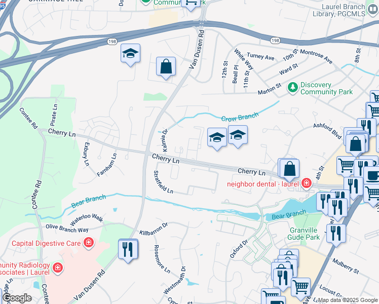 map of restaurants, bars, coffee shops, grocery stores, and more near 14814 Belle Ami Drive in Laurel