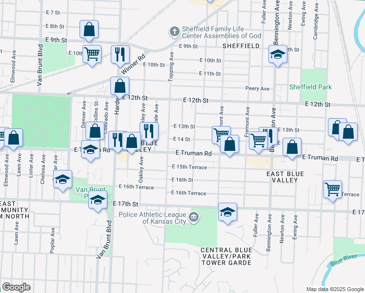 map of restaurants, bars, coffee shops, grocery stores, and more near 5824 East 14th Street in Kansas City