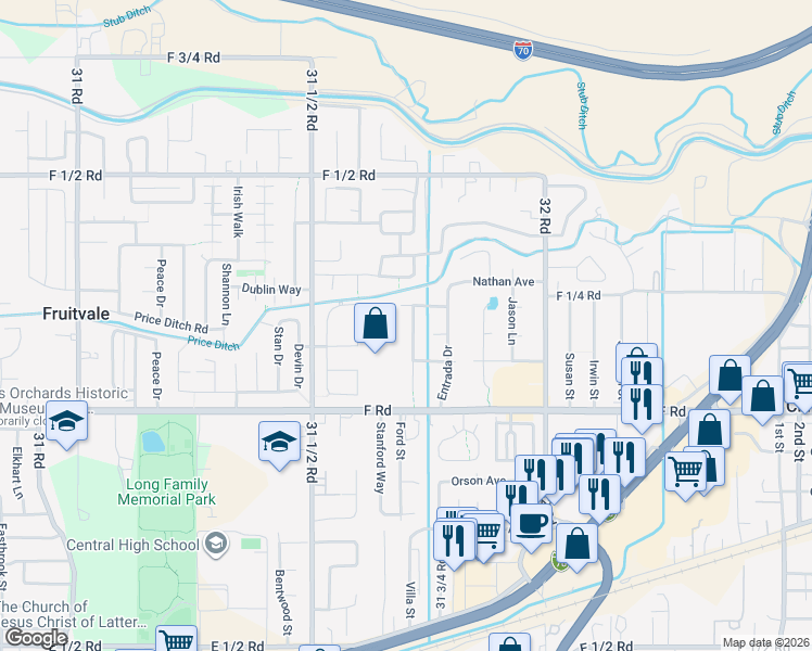 map of restaurants, bars, coffee shops, grocery stores, and more near 621 Bear Valley Drive in Grand Junction
