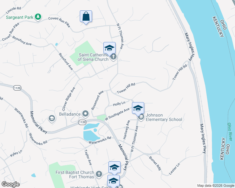 map of restaurants, bars, coffee shops, grocery stores, and more near 1438 North Fort Thomas Avenue in Fort Thomas