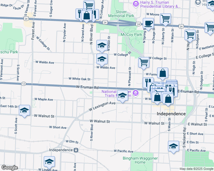 map of restaurants, bars, coffee shops, grocery stores, and more near 800 Missouri 12 in Independence