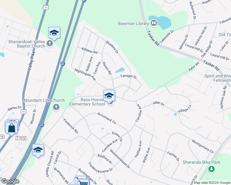 map of restaurants, bars, coffee shops, grocery stores, and more near 100 Raven Road in Stephens City
