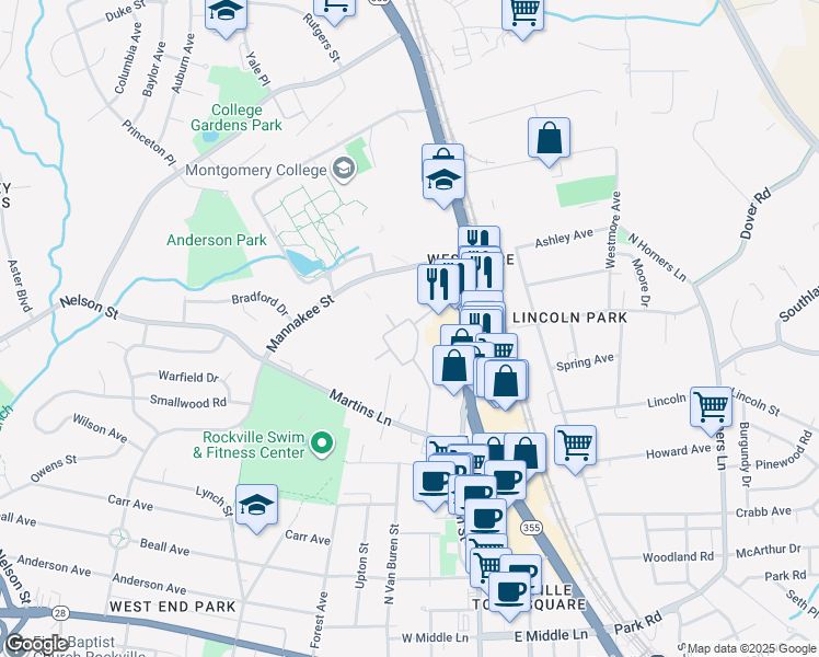 map of restaurants, bars, coffee shops, grocery stores, and more near 621 Ivy League Lane in Rockville