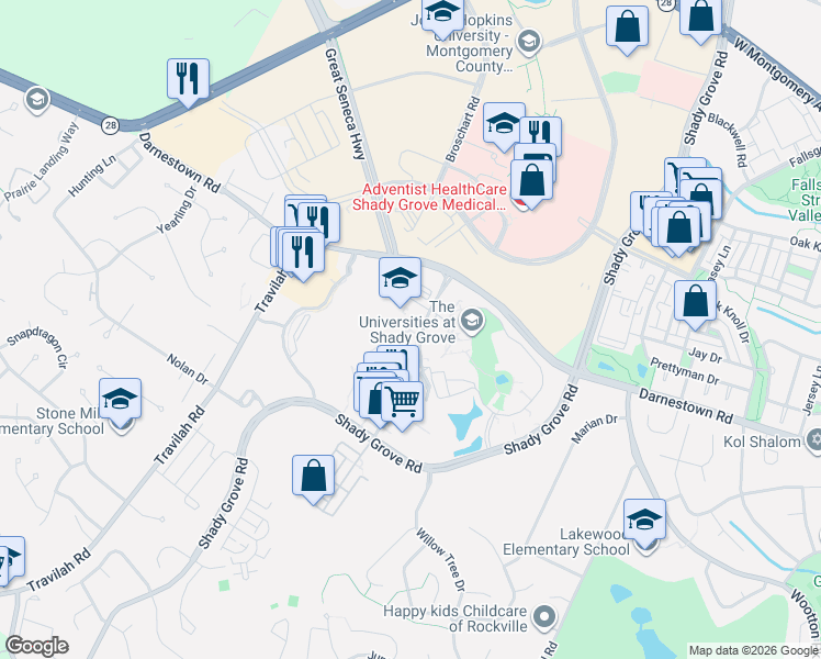 map of restaurants, bars, coffee shops, grocery stores, and more near 14431 Traville Gardens Circle in Rockville