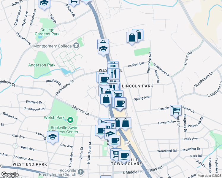 map of restaurants, bars, coffee shops, grocery stores, and more near Hungerford Drive in Rockville