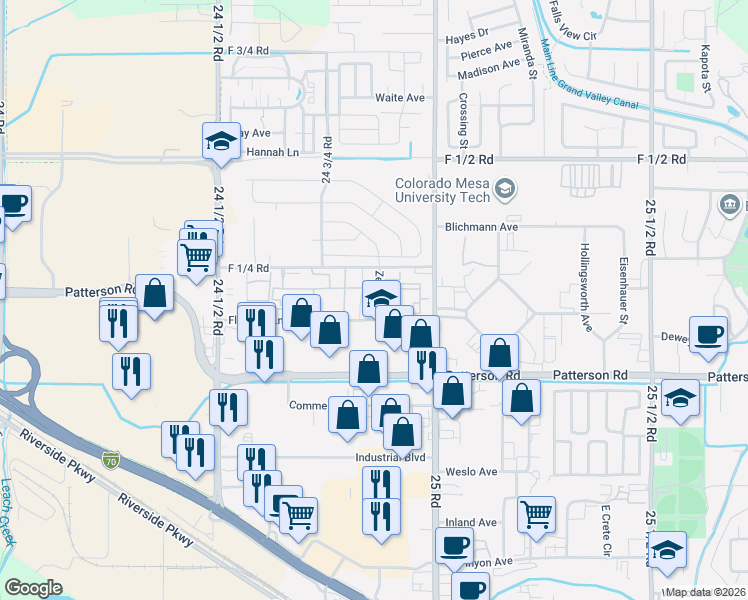map of restaurants, bars, coffee shops, grocery stores, and more near 616 Mesa Canyon Lane in Grand Junction