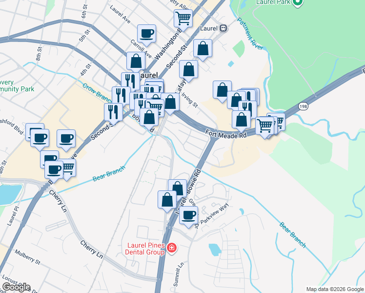 map of restaurants, bars, coffee shops, grocery stores, and more near 106 Morris Drive in Laurel