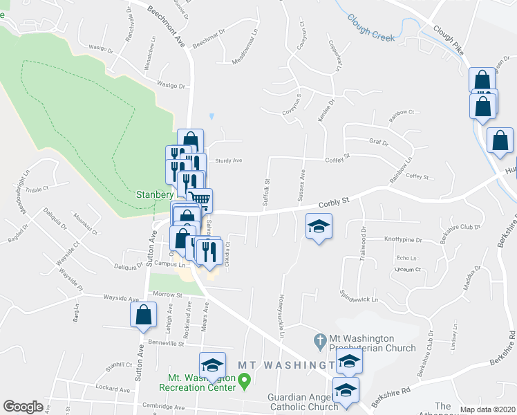 map of restaurants, bars, coffee shops, grocery stores, and more near 2213 Suffolk Street in Cincinnati