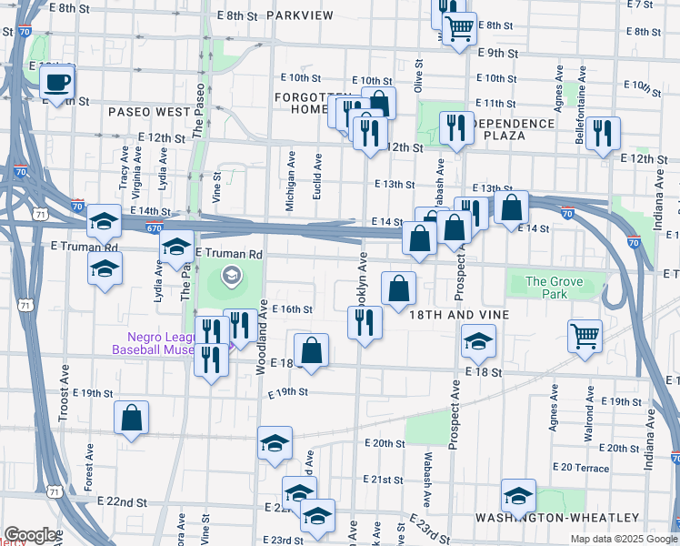 map of restaurants, bars, coffee shops, grocery stores, and more near 2101 East Truman Road in Kansas City