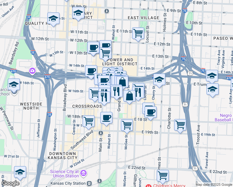 map of restaurants, bars, coffee shops, grocery stores, and more near 1537 Grand Boulevard in Kansas City