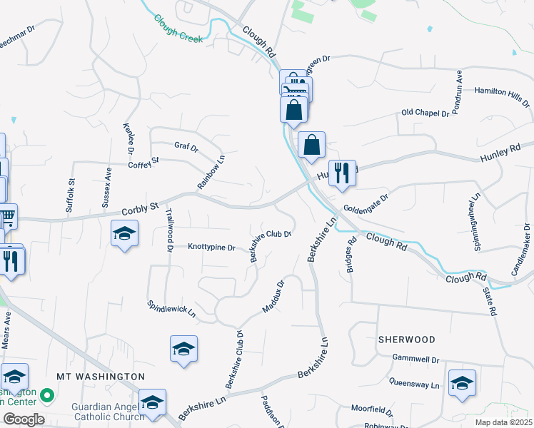 map of restaurants, bars, coffee shops, grocery stores, and more near 2105 Berkshire Club Drive in Cincinnati