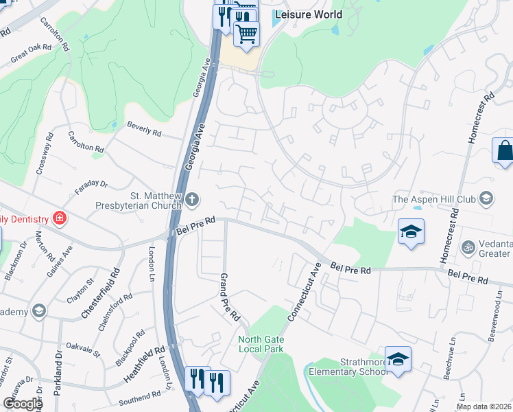 map of restaurants, bars, coffee shops, grocery stores, and more near 4 Tynewick Court in Silver Spring