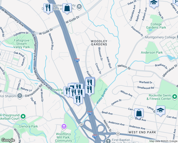 map of restaurants, bars, coffee shops, grocery stores, and more near 627 Azalea Drive in Rockville