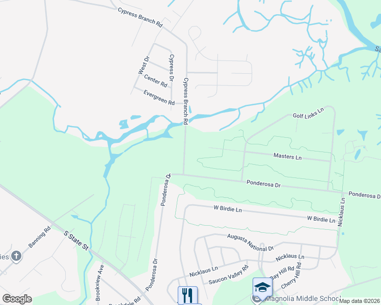map of restaurants, bars, coffee shops, grocery stores, and more near 78 Cypress Branch Road in Magnolia