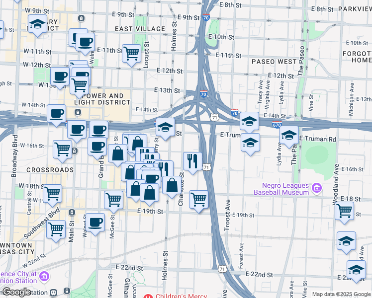 map of restaurants, bars, coffee shops, grocery stores, and more near 814 East 16th Street in Kansas City