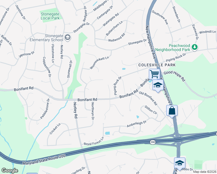 map of restaurants, bars, coffee shops, grocery stores, and more near 209 Bonifant Rd in Silver Spring