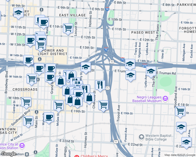 map of restaurants, bars, coffee shops, grocery stores, and more near 814 East 16th Street in Kansas City