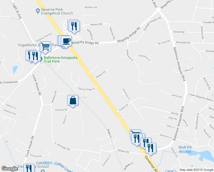 map of restaurants, bars, coffee shops, grocery stores, and more near 211 Ritchie Highway in Severna Park