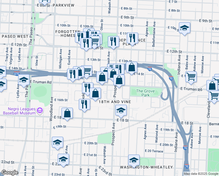 map of restaurants, bars, coffee shops, grocery stores, and more near 2501 East Truman Road in Kansas City
