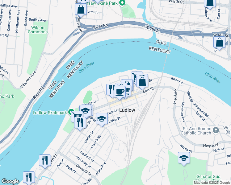 map of restaurants, bars, coffee shops, grocery stores, and more near 254 Latta Avenue in Ludlow