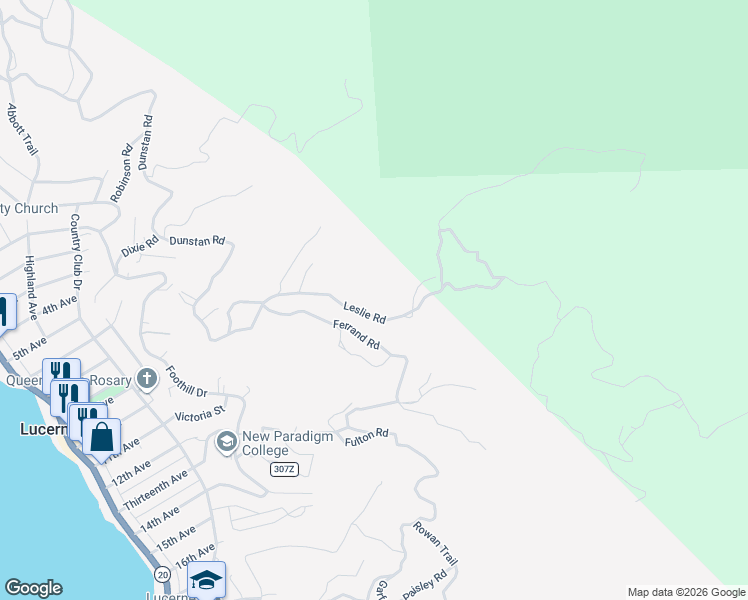 map of restaurants, bars, coffee shops, grocery stores, and more near 6972 Leslie Road in Lucerne