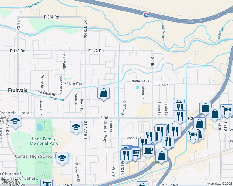map of restaurants, bars, coffee shops, grocery stores, and more near 621 Bear Valley Drive in Grand Junction