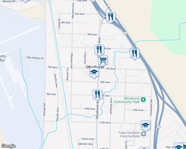 map of restaurants, bars, coffee shops, grocery stores, and more near 4850 Olivehurst Avenue in Olivehurst