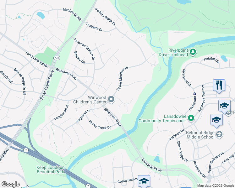 map of restaurants, bars, coffee shops, grocery stores, and more near 18780 Upper Meadow Drive in Leesburg