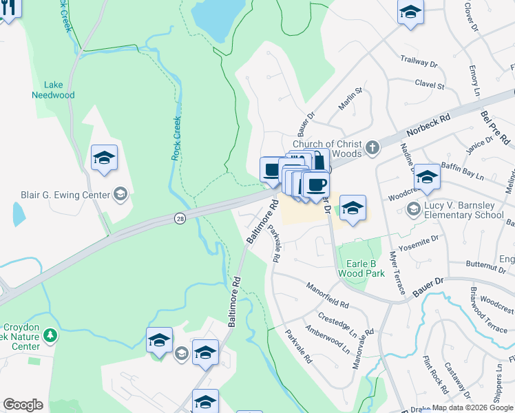 map of restaurants, bars, coffee shops, grocery stores, and more near 5601 Hogenhill Terrace in Rockville