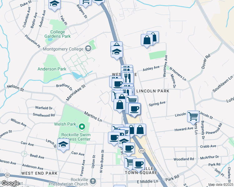 map of restaurants, bars, coffee shops, grocery stores, and more near 802 Hungerford Drive in Rockville