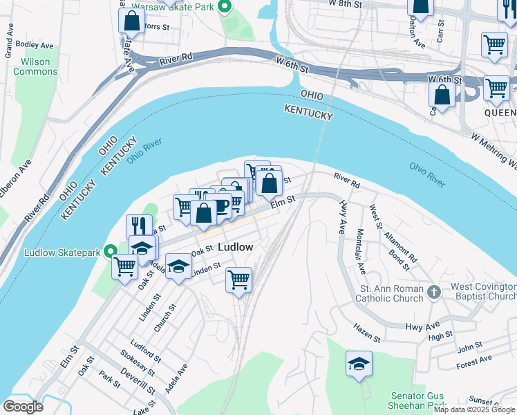 map of restaurants, bars, coffee shops, grocery stores, and more near 122 Elm Street in Ludlow