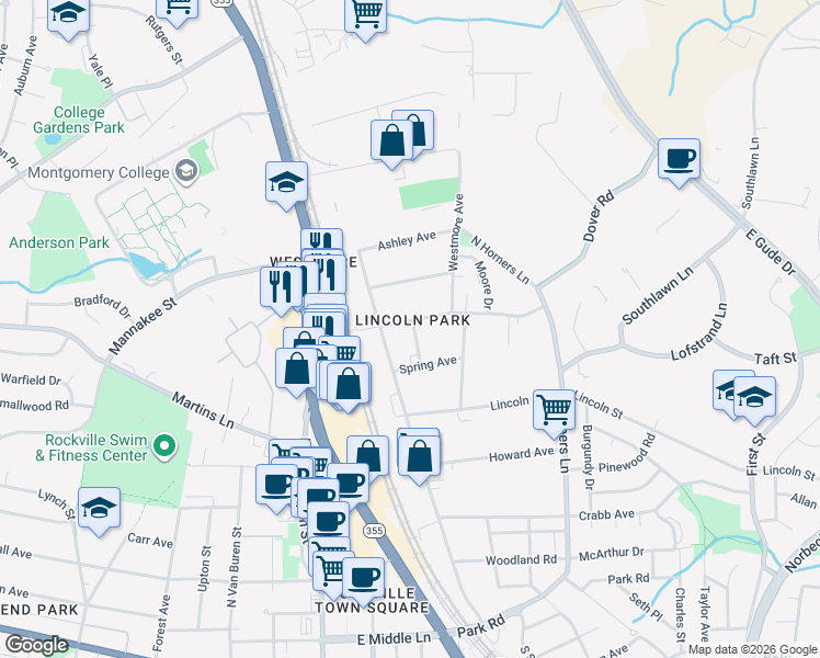 map of restaurants, bars, coffee shops, grocery stores, and more near 211 Frederick Avenue in Rockville