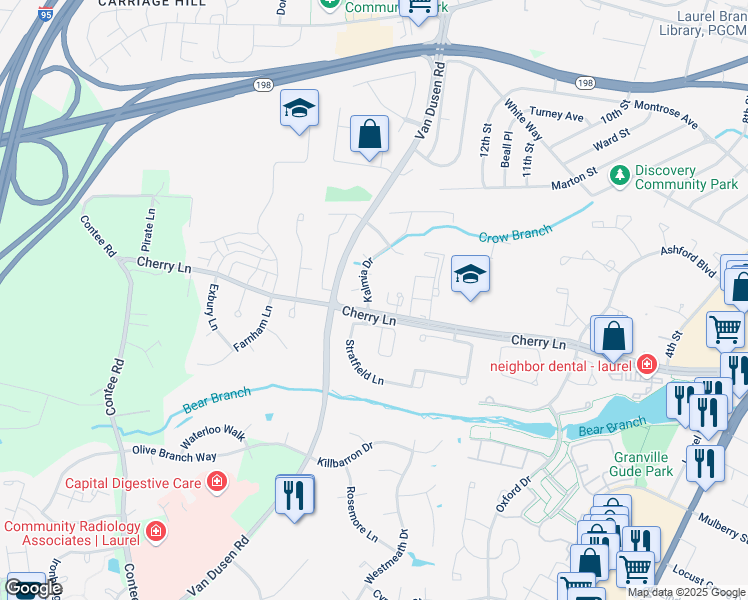 map of restaurants, bars, coffee shops, grocery stores, and more near 14905 Kalmia Drive in Laurel