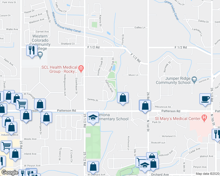 map of restaurants, bars, coffee shops, grocery stores, and more near 617 Saffron Way in Grand Junction