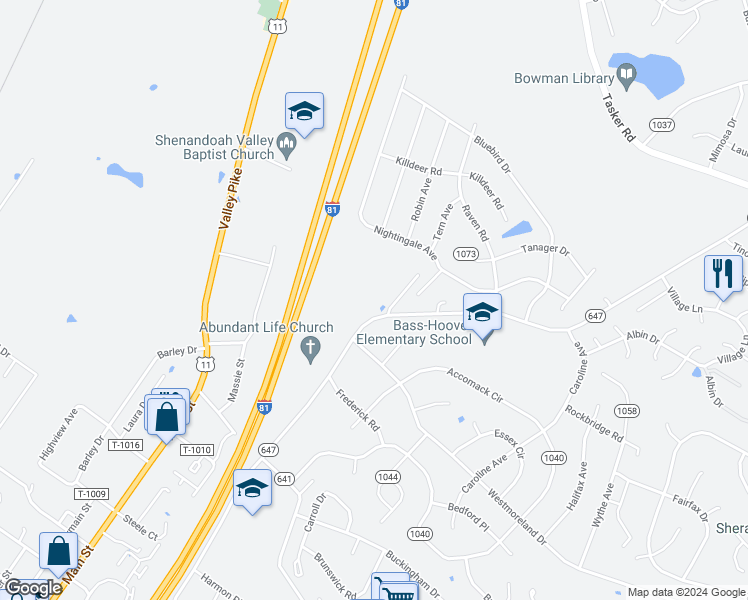 map of restaurants, bars, coffee shops, grocery stores, and more near 626 Aylor Road in Stephens City